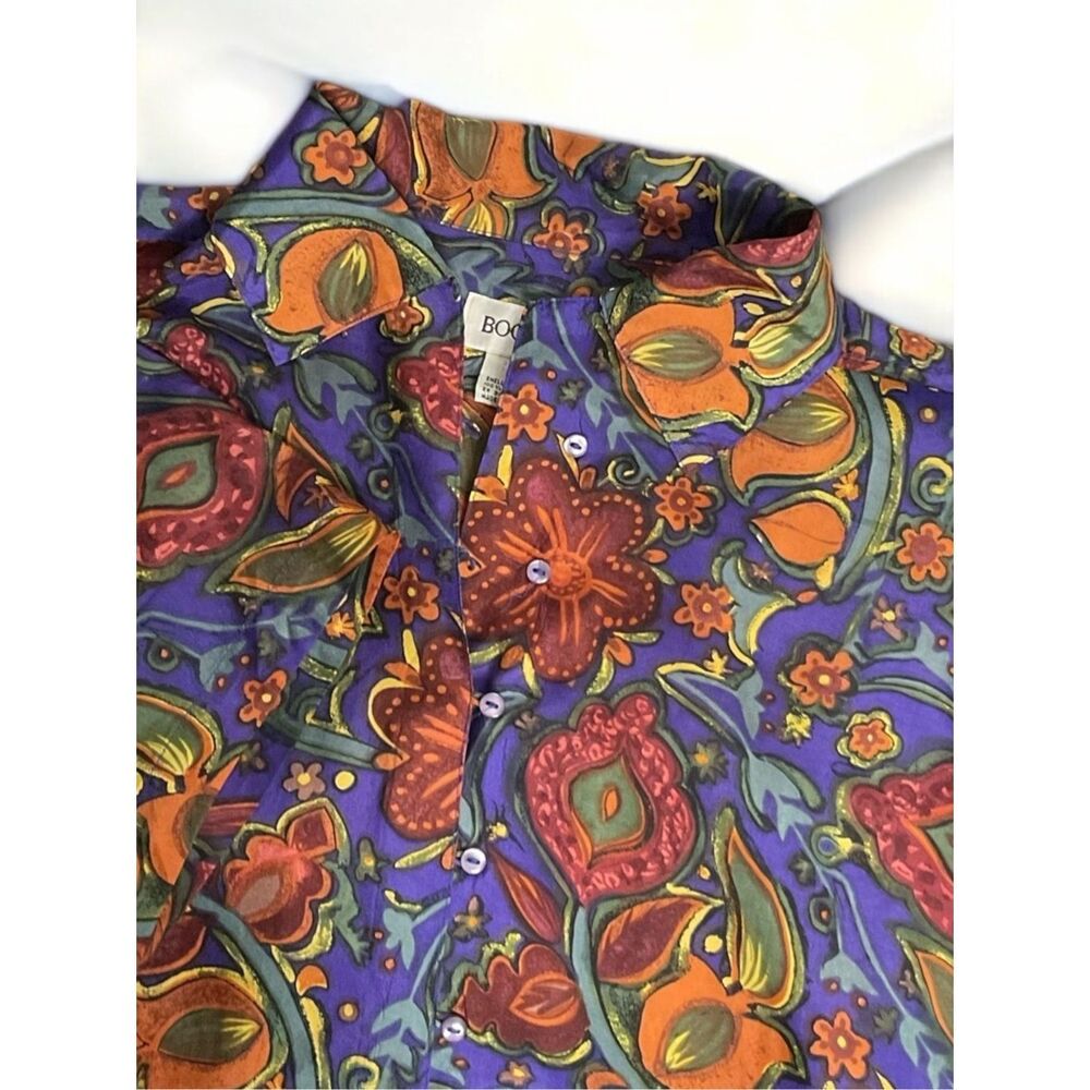 Vintage Bogari‎ Silk Blouse Women’s sz M Purple Orange Floral Loops&Button Shirt